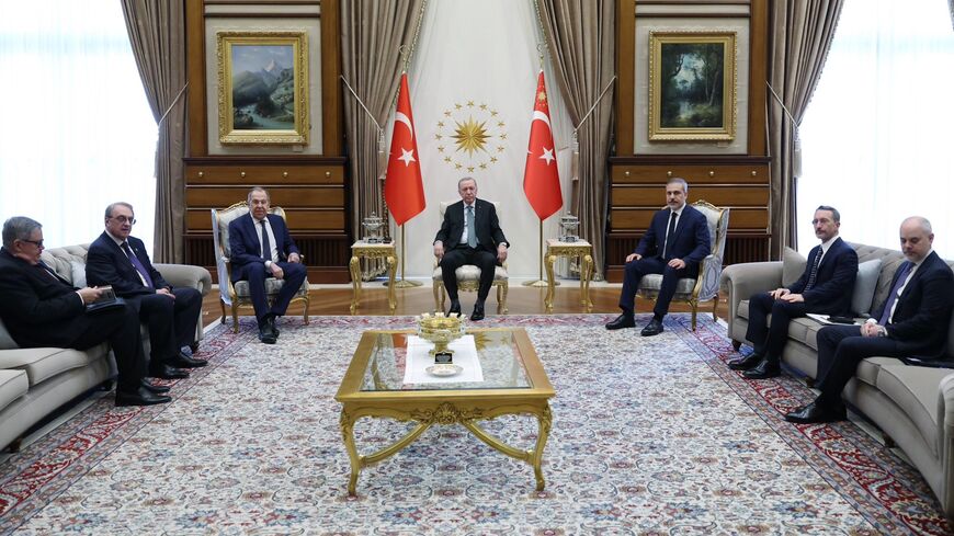 Turkish President Recep Tayyip Erdogan receives his Russian counterpart, Sergey Lavrov, at the Presidential Complex in Ankara on Feb. 24, 2025.