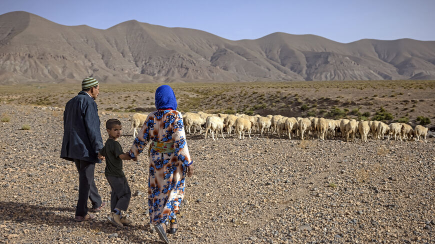 A couple hold their son's hands as they herd sheep near the village of Amellagou where Morocco's last nomads reside, on Sept. 2, 2022.