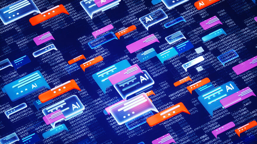 Digital generated image of abstract AI chat icons over digital surface.