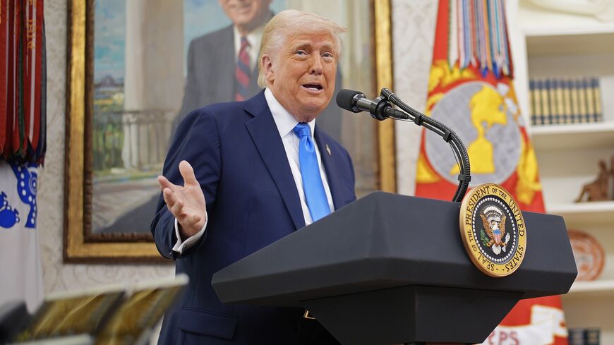 President Donald Trump speaking during a swearing-in ceremony in the Oval Office at the White House on March 28, 2025, in Washington, DC. 