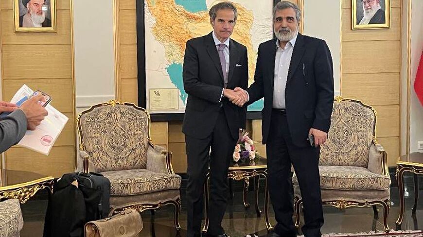 An Iranian Atomic Energy Organization picture shows IAEA chief Rafael Grossi (L) with IAEO spokesman Behrouz Kamalvandi in Tehran