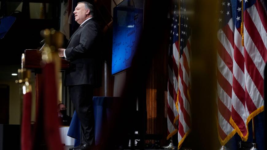 US Secretary of State Mike Pompeo speaks at the National Press Club in Washington,DC on January 12, 2021. - US Secretary of State Mike Pompeo alleged Tuesday that arch-enemy Iran has become a new "home base" for Al-Qaeda worse than Afghanistan, an assertion questioned by experts. (Photo by Andrew Harnik / POOL / AFP) (Photo by ANDREW HARNIK/POOL/AFP via Getty Images)