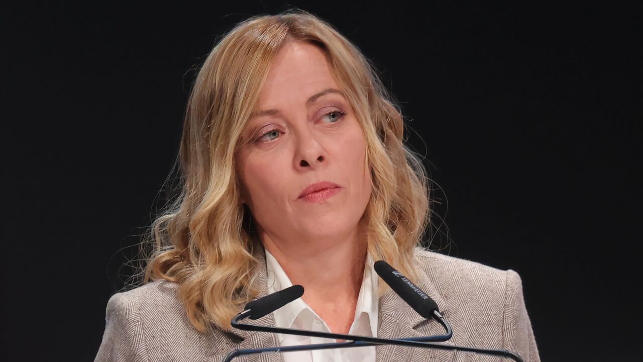 Italian Prime Minister Giorgia Meloni delivers a national statement during the high level segment on day three of the UNFCCC COP29 Climate Conference at Baku Stadium on Nov. 13, 2024, in Baku, Azerbaijan.