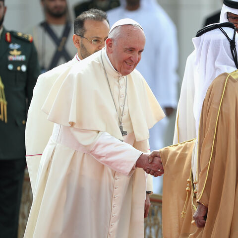 Pope Francis is welcomed at Presidential Palace on Feb. 4, 2019 in Abu Dhabi, United Arab Emirates. 